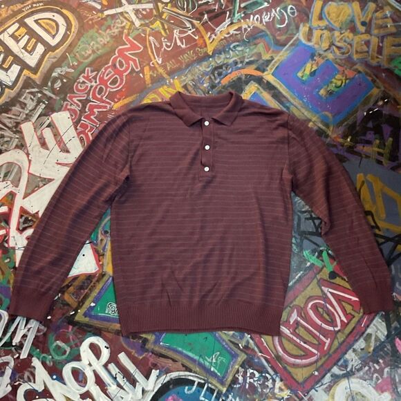 Maroon Striped Knit Long Sleeve Polo Sweater, Est. Size Large, Classic Style - Picture 1 of 7
